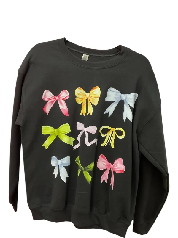 Women's Thermal Pleated Pullovers-Women's Colorful Bows Crewneck Sweater In Black