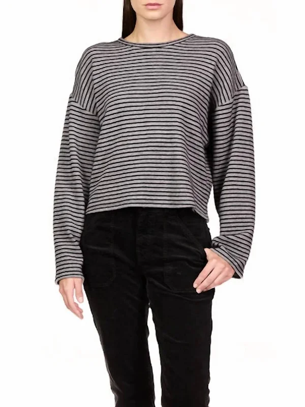 Women's Slit Pleated Pullovers-Textured Ottoman Popover Sweater In Heather Grey With Black Stripes