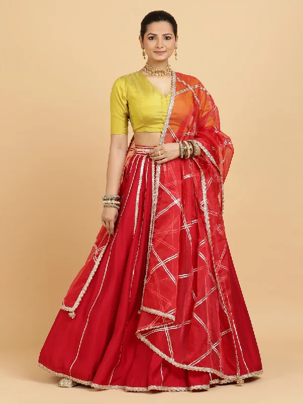 Madhuri Begum 4-Pc Lehenga Set x Tyohaar | Red Lehenga, Lemon Yellow Blouse with Leela Red Dupatta and Cancan Skirt