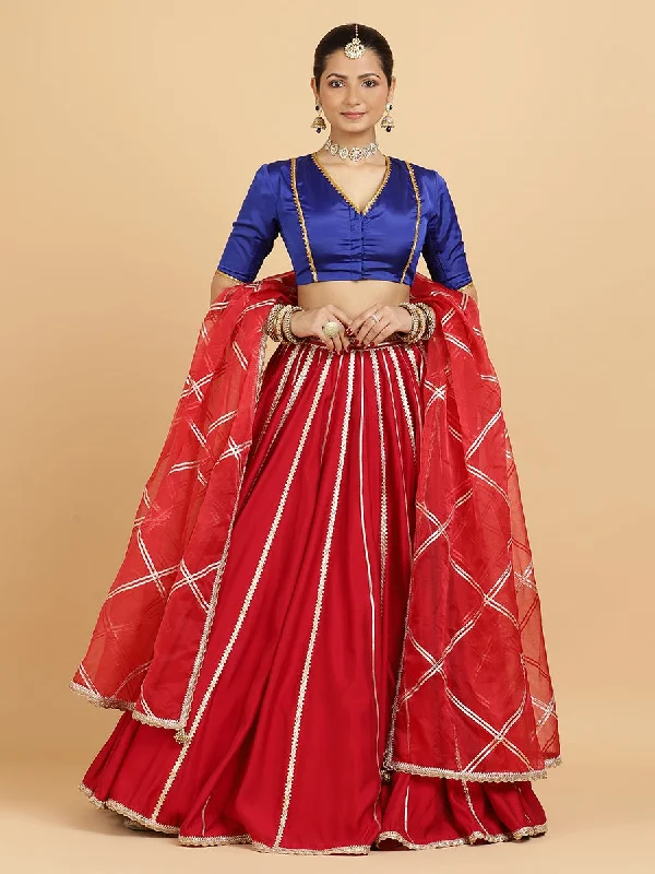 Madhuri Begum 4-Pc Lehenga Set x Tyohaar | Red Lehenga, Cobalt Blue Blouse with Leela Red Dupatta and Cancan Skirt