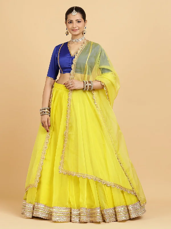 Farah Begum 4-Pc Lehenga Set x Tyohaar | Lemon Yellow Lehenga, Cobalt Blue Blouse with Saher Lemon Yellow Dupatta and Cancan Skirt