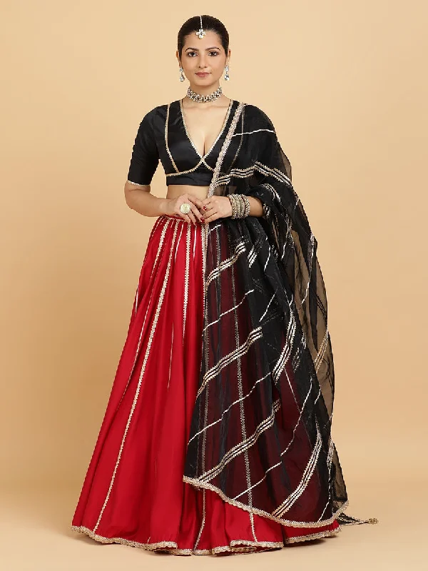 Madhuri Zeenat 4-Pc Lehenga Set x Tyohaar | Red Lehenga, Charcoal Black Blouse with Chandni Black Dupatta and Cancan Skirt