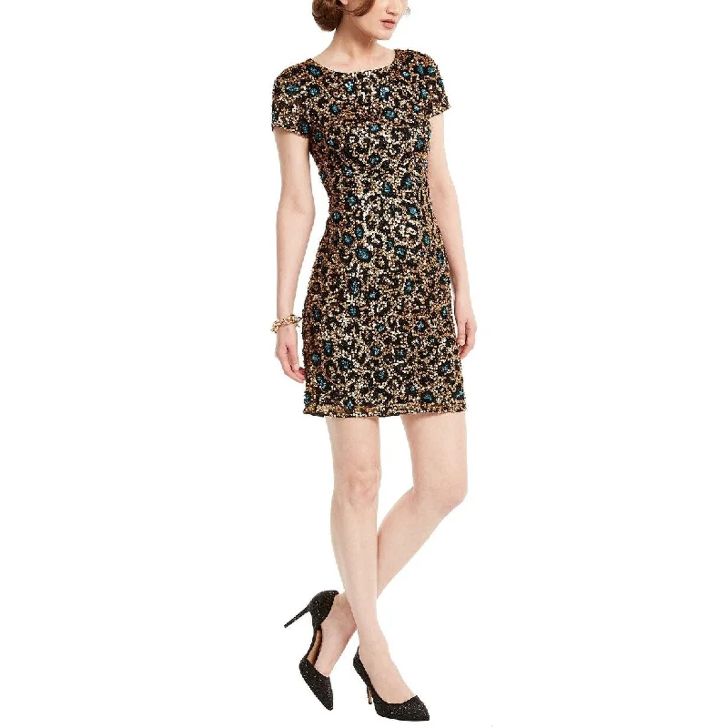 Women's Casual Family Gathering Dresses-Adrianna Papell Women's Sequin Leopard-Print Dress Black Size 2