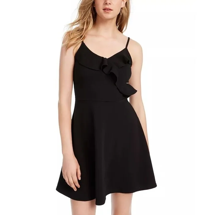 Women's Casual Tiered Dresses-Almost Famous Junior's Surplice Skater Dress Black Size Small