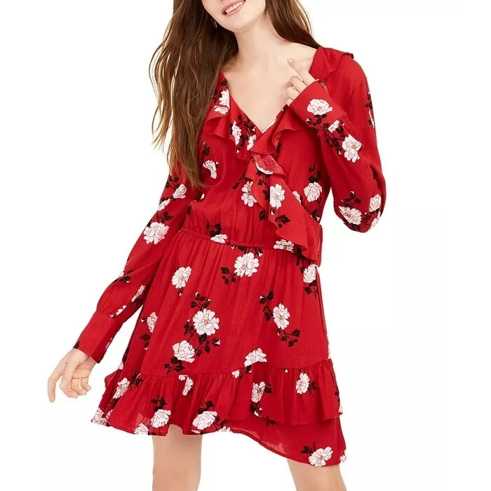 Women's Casual Shimmer Dresses-American Rag Junior's Floral Faux Wrap Dress Red Size Small