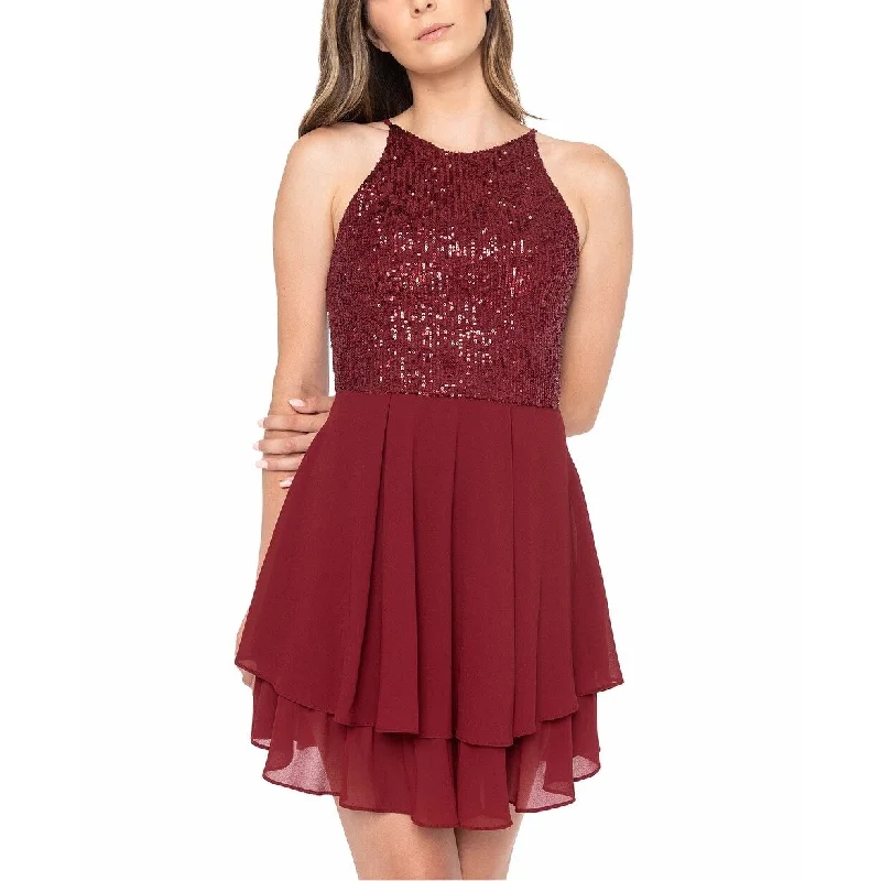 Women's Casual Empire Waist Dresses-B Darlin Junior's Sequinned Halter A Line Dress Red Size 11