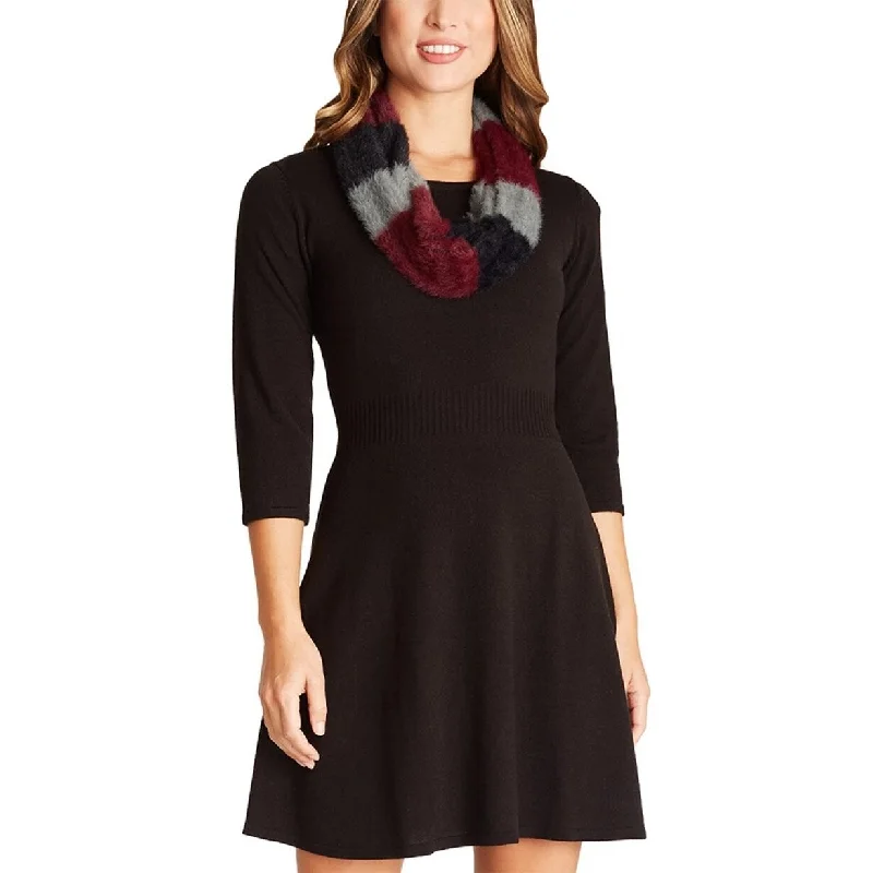 Women's Casual A-Line Floral Dresses-BCX Junior's Fit & Flare Sweater Dress & Scarf Deep Black Size X-Small