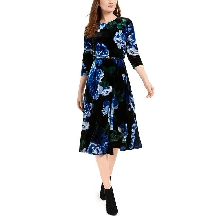 Women's Casual Travel Dresses-Calvin Klein Women's Belted Printed Velvet Dress Dkn Size 14