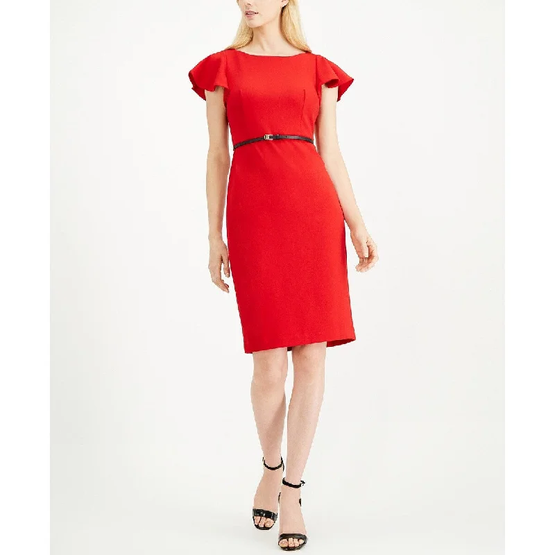 Women's Casual Weekend Dresses-Calvin Klein Women's Belted Ruffle-Sleeve Sheath Dress Medium Red Size 4