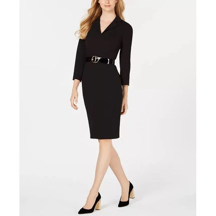 Women's Casual Brunch Floral Dresses-Calvin Klein Women's Notched Collar Belted Sheath Dress Black Size 4