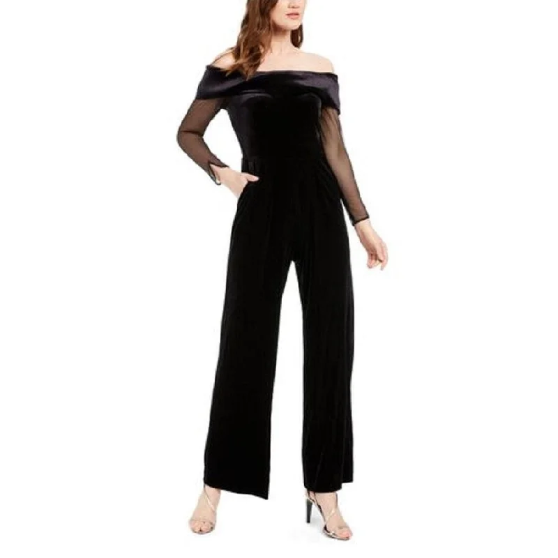 Women's Casual Pleated Dresses-Calvin Klein Women's Off-The-Shoulder Velvet Jumpsuit Black Size 16