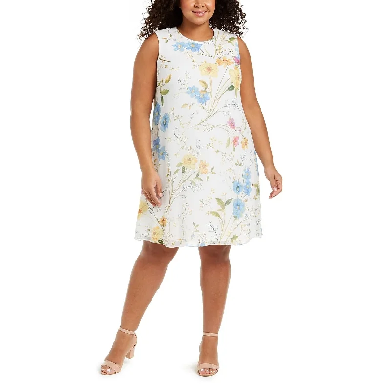 Women's Casual Off-Shoulder Dresses-Calvin Klein Women's Plus Floral Print Shift Dress Yellow Size 18W