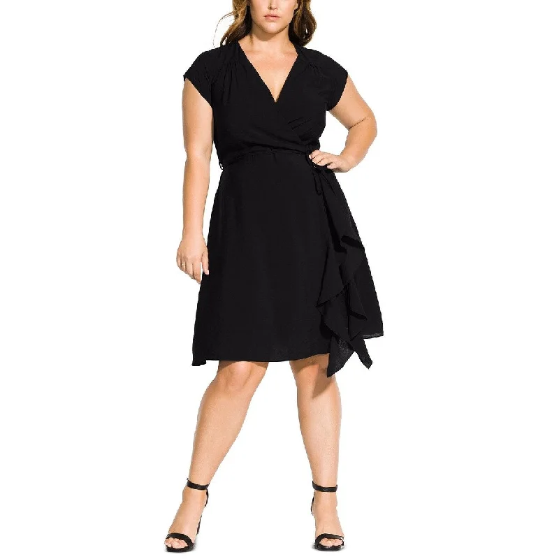 Women's Casual Picnic Dresses-City Chic Women's Plus Size Ruffled Satin Faux Wrap Dress Black Size Small