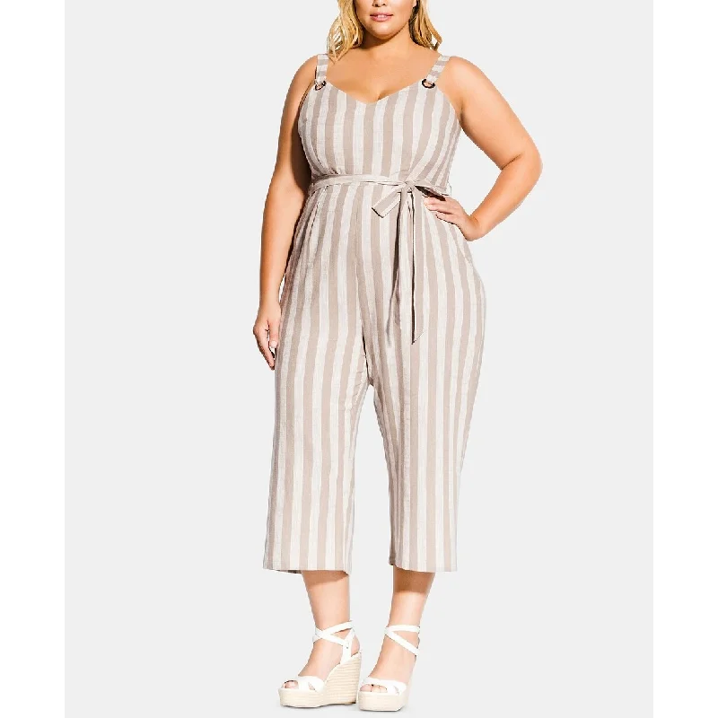 Women's Casual Zip-Up Dresses-City Chic Women's Trendy Plus Size Carmine Striped Cropped Jumpsuit Gray Size 24W