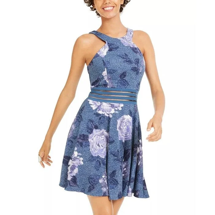 Women's Casual Mini Floral Dresses-City Studios Junior's Glitter Floral Print Skater Dress Navy Size 13