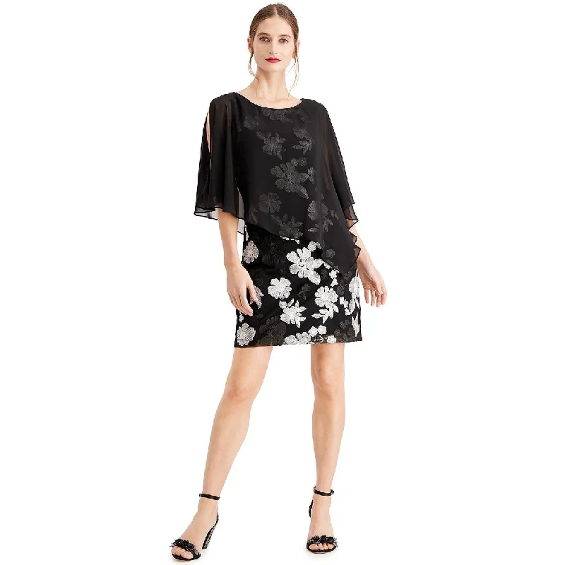 Women's Casual Brunch Floral Dresses-Connected Women's Embroidered Chiffon-Capelet Dress Black Size 12