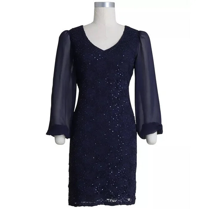 Women's Casual Concert Print Dresses-Connected Women's Plus Sequinned Lace Sheath Dress Navy Size 18W