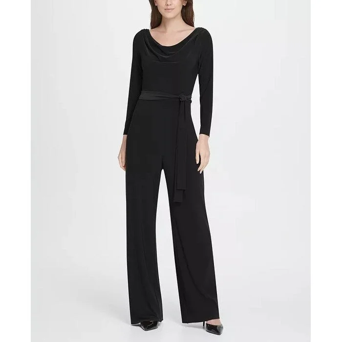 Women's Casual Mini Beach Dresses-DKNY Women's Jersey Cowl Neck Belted Jumpsuit Black Size 8