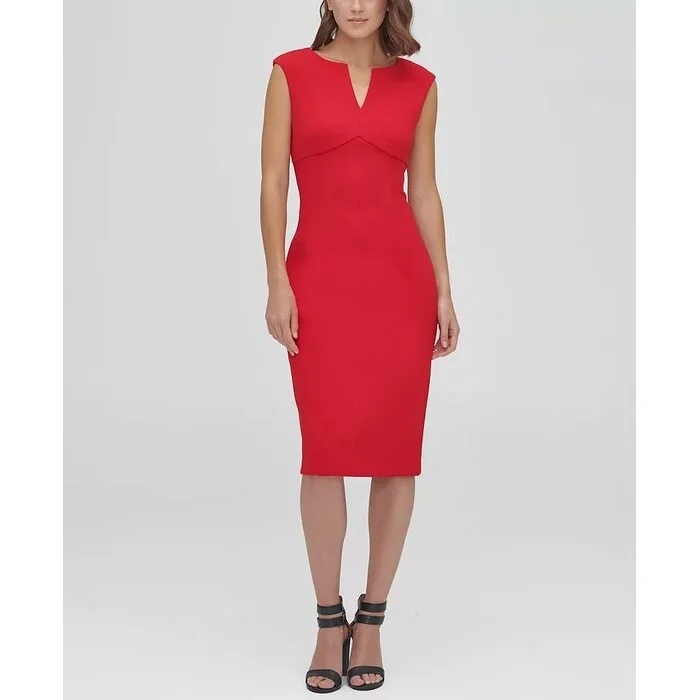 Women's Casual Concert Solid Color Dresses-DKNY Women's Notch Neck Compression Sheath Dress Red Size 6