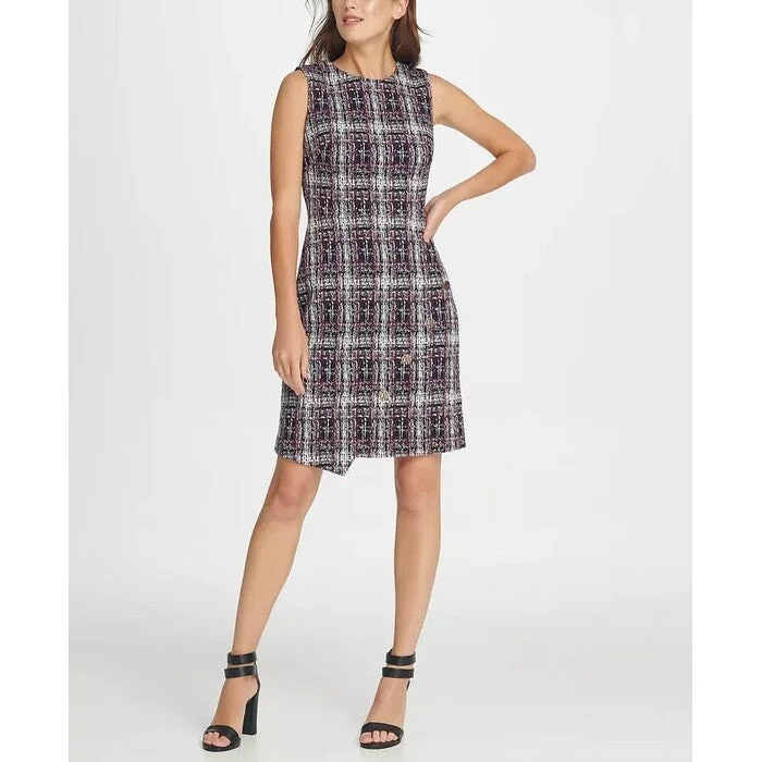 Women's Casual Swing Print Dresses-DKNY Women's Tweed Logo Button Sheath Dress Purple Size 4