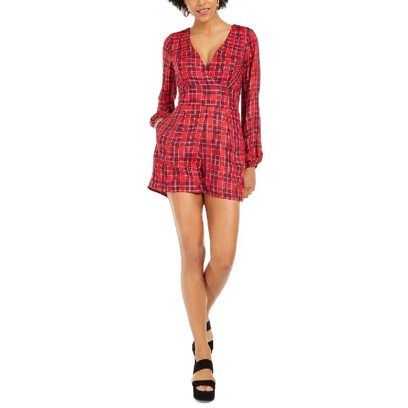 Women's Casual Date Print Dresses-GUESS Women's Dacey Plaid Surplice Neck Romper Dress Red Size 10