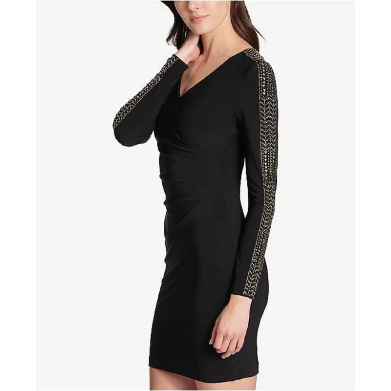 Women's Casual Bell Sleeve Dresses-Guess Women's Studded Ruched Sheath Dress Black Size 12