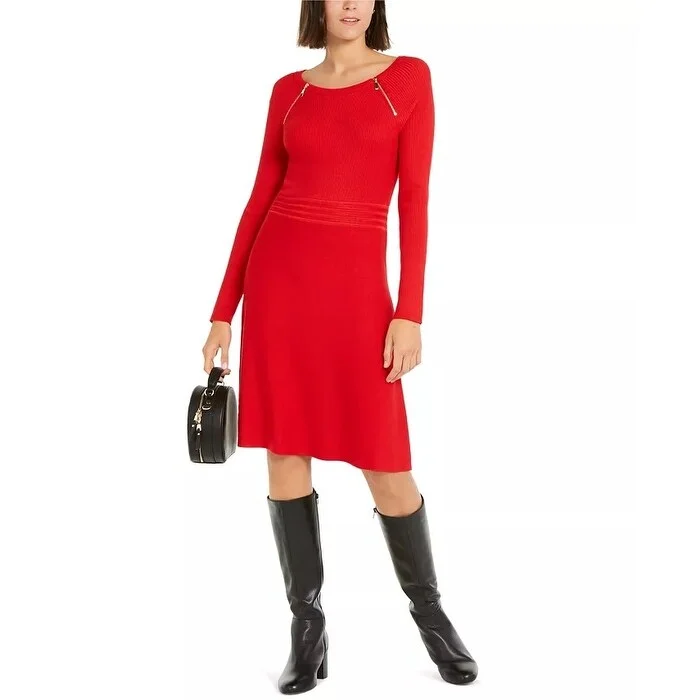 Women's Casual Picnic Solid Color Dresses-INC International Concepts Women's Detail Sweater Dress Red Size XL - X-Large