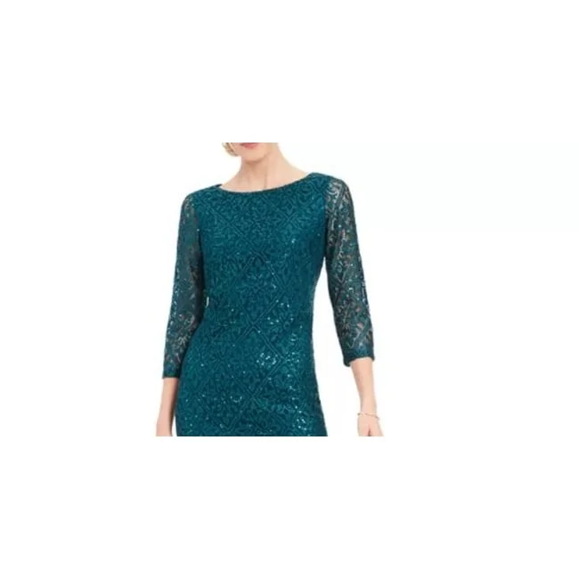 Women's Casual A-Line Floral Dresses-Jessica Howard Women's Petite Sequined Lace Dress Dark Green Size 1