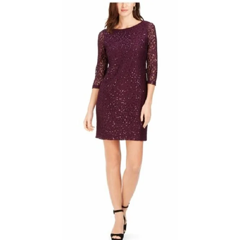 Women's Casual T-Shirt Print Dresses-Jessica Howard Women's Petite Sequined-Lace Dress Dark Purple Size 14