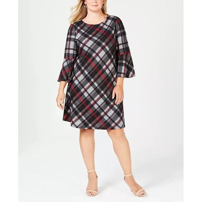 Women's Casual Concert Print Dresses-Jessica Howard Women's Plus Size Plaid Bell-Sleeve Dress Charcoal Size 3X