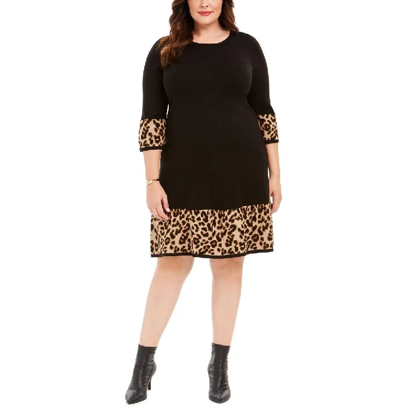 Women's Casual Concert Floral Dresses-Jessica Howard Women's Plus Size Solid & Animal-Print Sweater Dress Black Size Extra Large