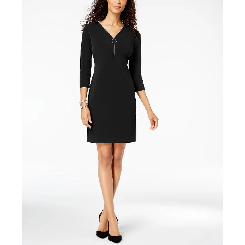 Women's Casual Hoodie Dresses-JM Women's Collection Zip-Neck A-Line Dress Black Size Small