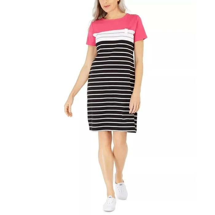 Women's Casual Day Dresses-Karen Scott Women's Sport-Stripe Dress Med Pink Size Small