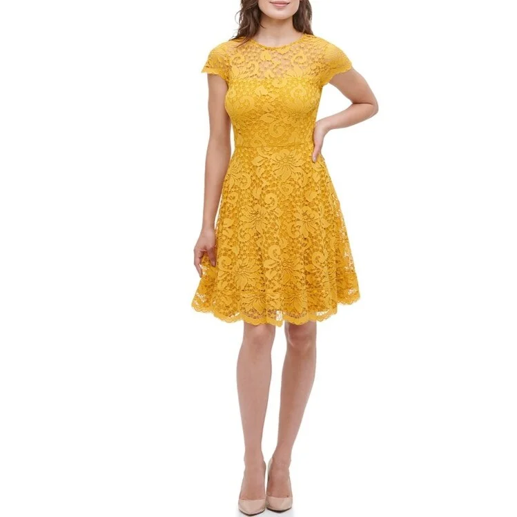 Women's Casual Party Dresses-Kensie Women's Illusion Neck Cap Sleeve Lace Fit & Flare Scallop Hem Dress Golden Size 8 - Yellow