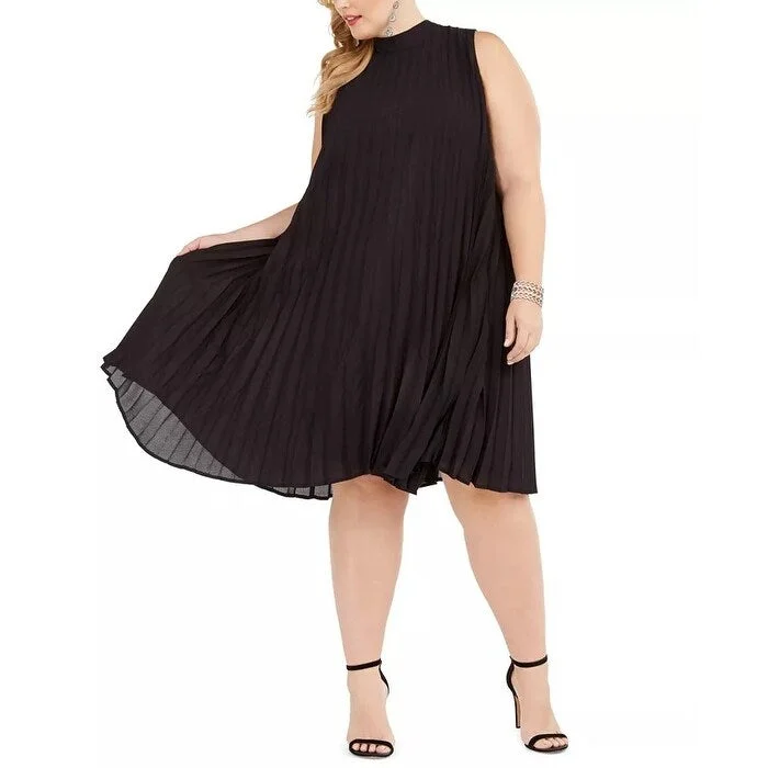 Women's Casual Sundress Solid Color Dresses-Love Squared Women's Trendy Pleated Trapeze Dress Black Size 1X