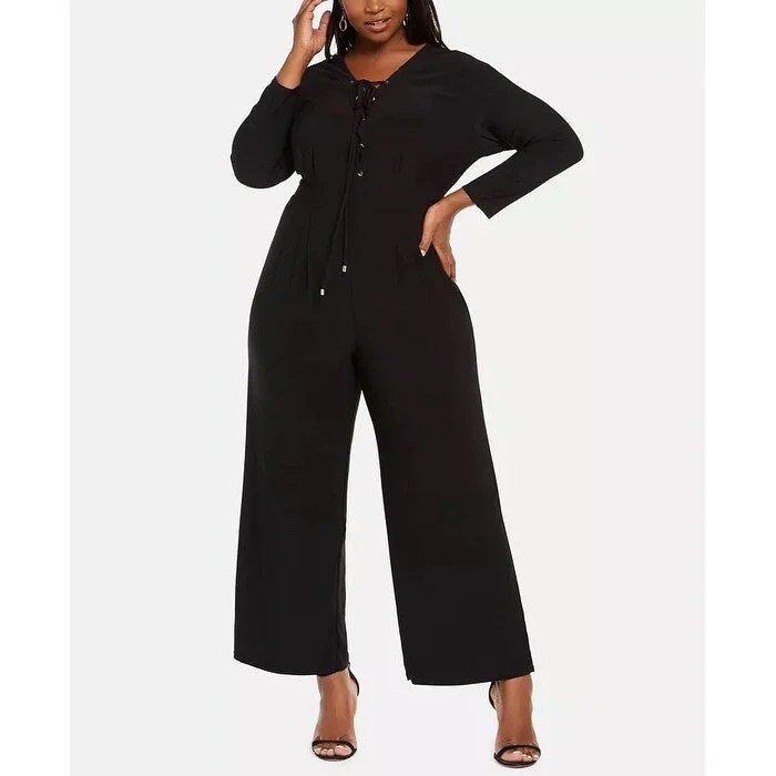 Women's Casual Picnic Dresses-Love Squared Women's Trendy Plus Size Lace-Up Jumpsuit Black Size 3X