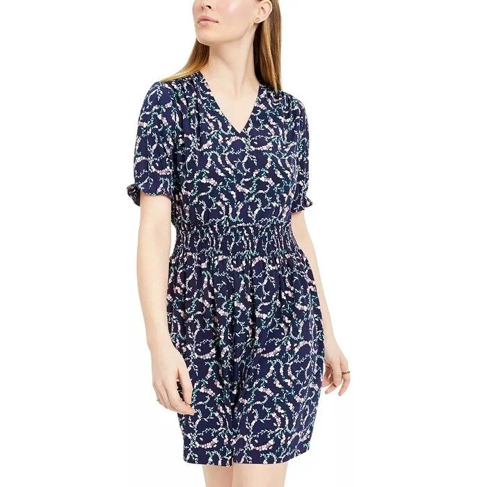 Women's Casual Lounge Floral Dresses-Maison Jules Women's Floral Print Smocked Waist Dress Navy Size Small