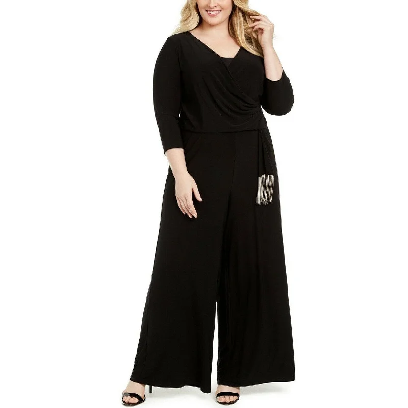 Women's Casual Wrap Dresses-MSK Women's Surplice Neck Tie Waist Jumpsuit Black Size 1X