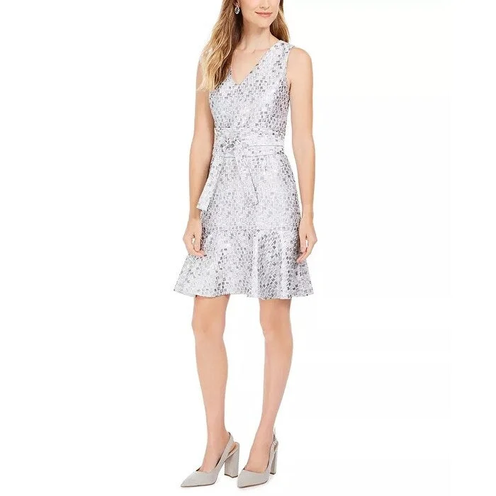 Women's Casual Tank Dresses-N Natori Women's Mosaic Tile Obi Belt Ruffle Dress Silver Size 6