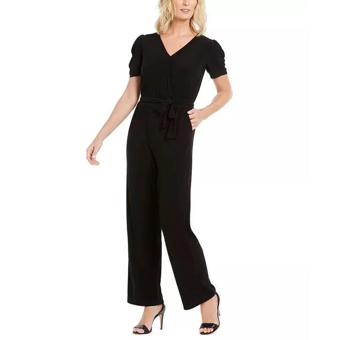 Women's Casual Chic Dresses-NY Collection Women's Puff Sleeve Jumpsuit Black Size Petite Medium - Petite Medium