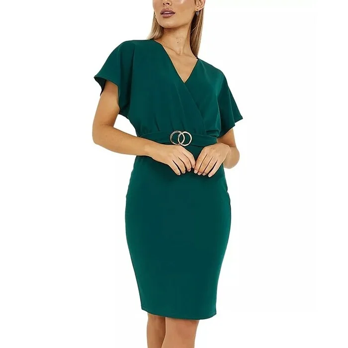 Women's Casual Weekend Print Dresses-QUIZ Women's Belted Bodycon Dress Green Size 8