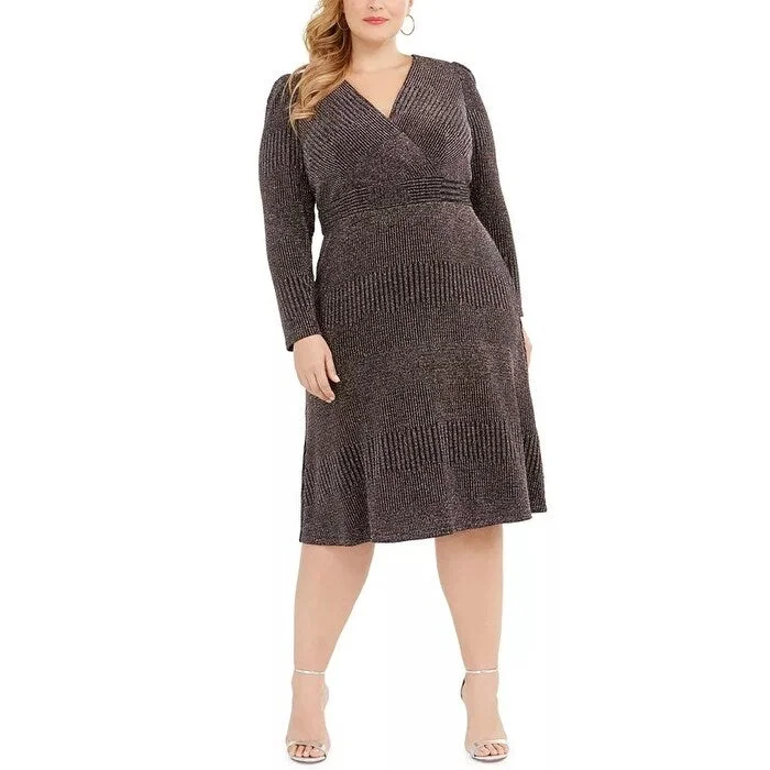 Women's Casual Day Dresses-R & M Richards Women's Glitter-Knit A-Line Dress Charcoal Size 16W