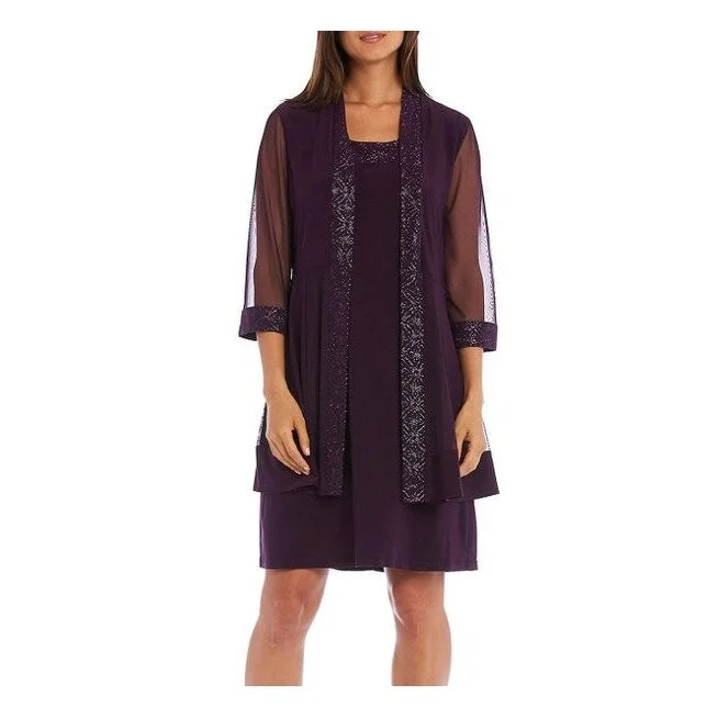 Women's Casual Picnic Print Dresses-R & M Richards Women's Jacquard Dress & Jacket Purple Size 12 Petite - 12 Petite