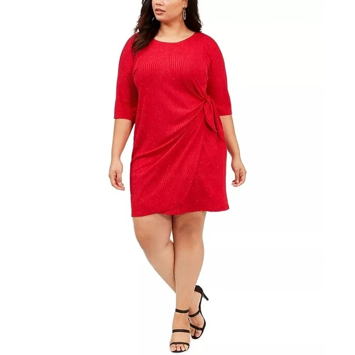 Women's Casual Long Sleeve Dresses-Robbie Bee Women's Plus Glitter Knit Sarong Dress Red Size 2X