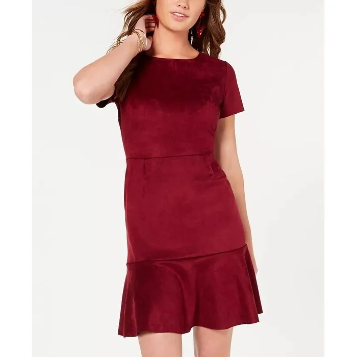 Women's Casual Off-Shoulder Dresses-Rosie Harlow Juniors' Faux-Suede Flounce Dress Red Size Medium