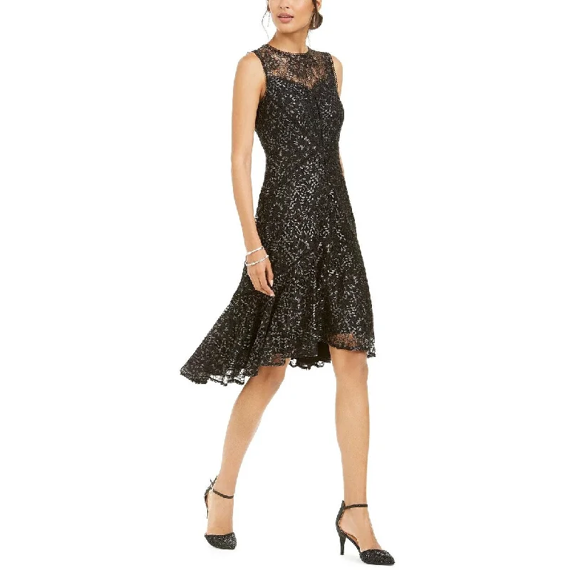 Women's Casual Date Dresses-Taylor Women's Metallic Lace Illusion High Low Dress Black Size 1