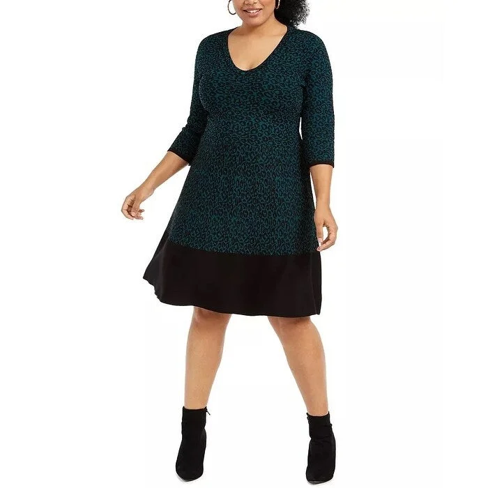 Women's Casual Fit-and-Flare Dresses-Taylor Women's Plus Animal Print Sweater Dress Green Size XX-Large - XXL