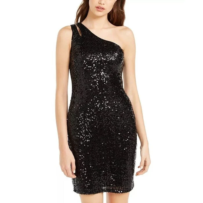 Women's Casual Fitted Dresses-Teeze Me Junior's One Shoulder Sequin Dress Black Size 5