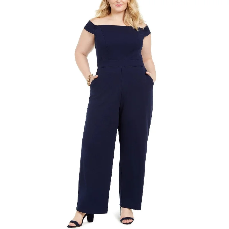 Women's Casual Shimmer Dresses-Teeze Me Women's Trendy Plus Size Off-The-Shoulder Jumpsuit Navy Size Square 18