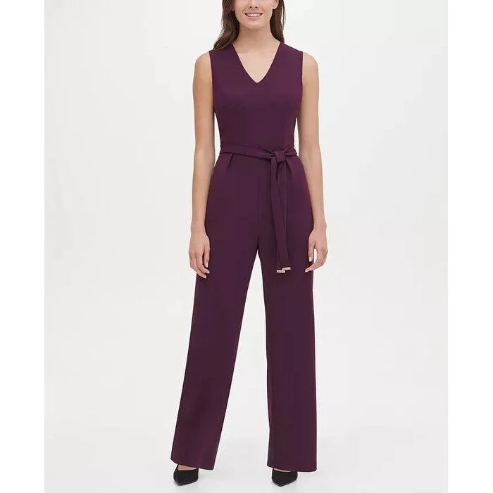 Women's Casual Tank Dresses-Tommy Hilfiger Women's Belted V Neck Jumpsuit Purple Size 12